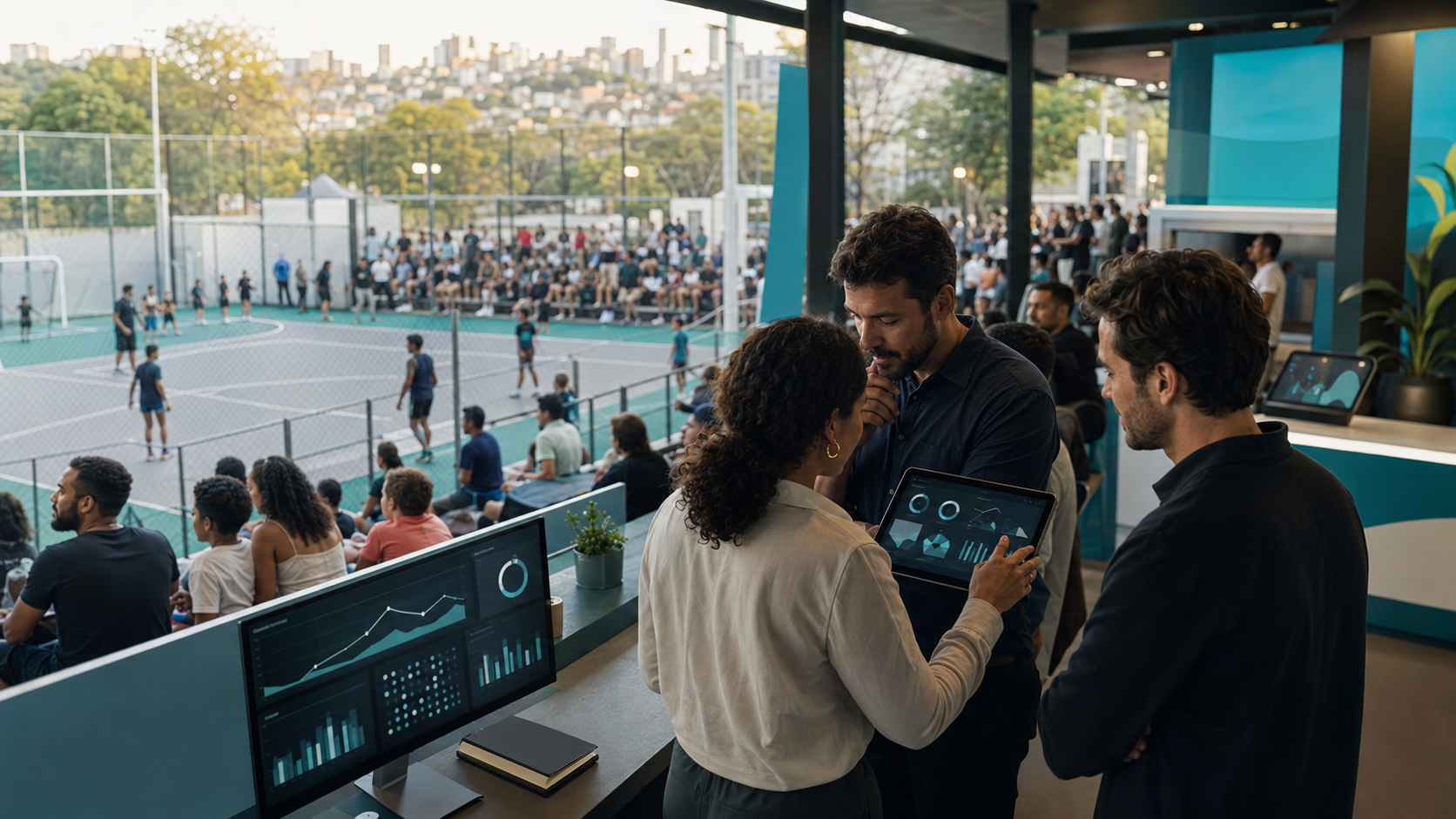 Equipe analisando dados e oportunidades em um evento esportivo